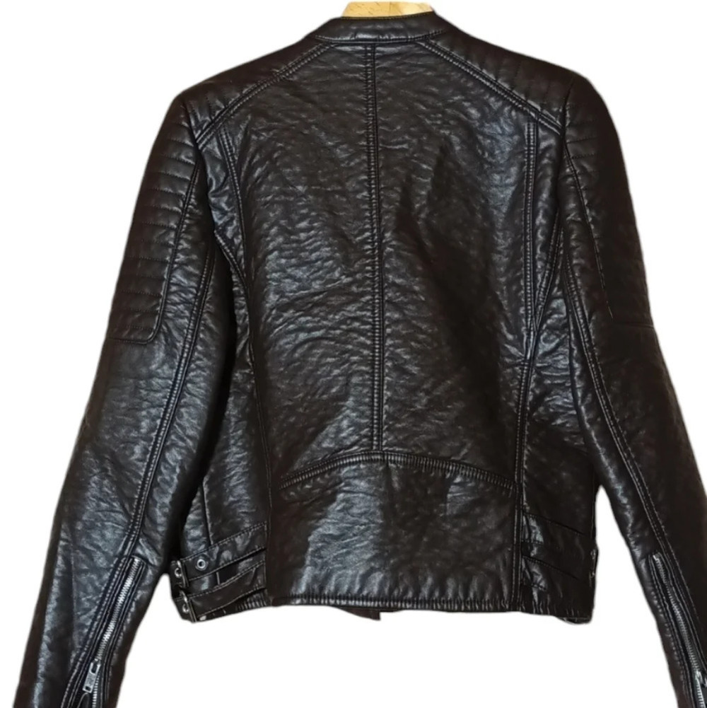 Mango Brown faux leather bomber biker  jacket coat zipper pockets buckles small - Picture 3 of 7